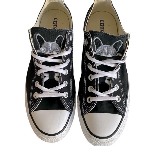 Custom Converse Chuck Taylor Low Top Sneakers – French Bulldog Embroidery Black - Picture 1 of 14